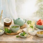 A rustic wooden table set with a minty lemonade, green teapot, cucumber slices, watermelon bowls, and fresh mint leaves.